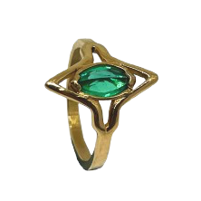 Gold ring with a green gemstone on a white background
