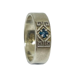 Silver ring with blue gemstone on a white background