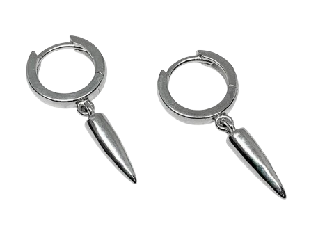 Pair of silver hoop earrings with spike ends on a white background